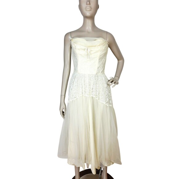 VTG 50s Lorrie Deb Ivory Chiffon Lace Strapless Wedding Ethereal Fairycore Dress - Picture 3 of 13